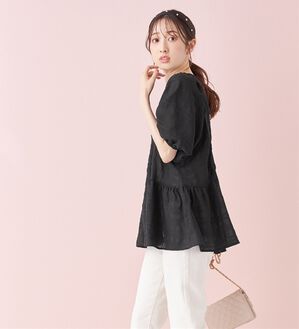 alotta（アロッタ）の「シアーチェックパフ袖チュニック（チュニック）」｜ブラック