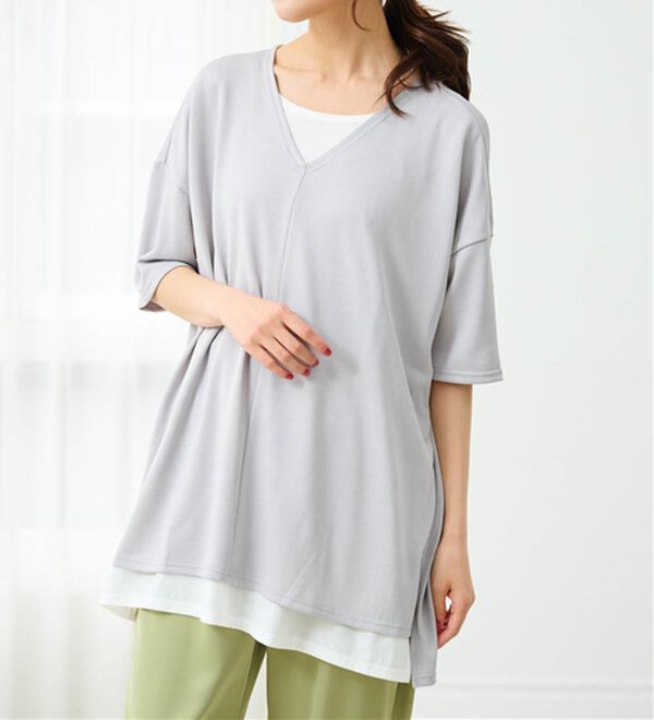 RANAN（ラナン）の「レイヤード風ニットソー半袖チュニック（チュニック）」｜詳細画像