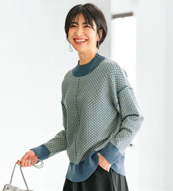 BELLUNA（ベルーナ）の「幾何柄ジャカードニットプルオーバー（ニット・セーター）」｜ブルー系