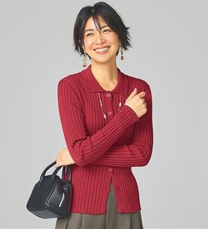 BELLUNA（ベルーナ）の「リブ素材衿付ニットカーディガン（ニットカーディガン）」｜レッド