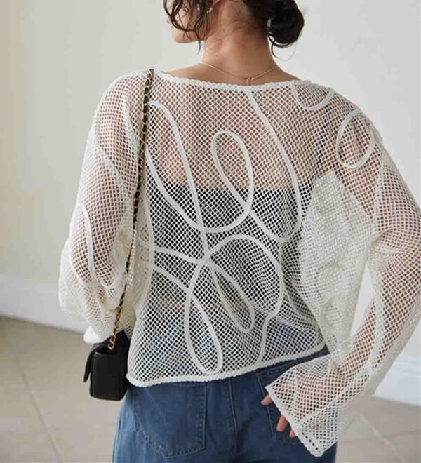 未使用 DERSCHUTZE 桜刺繍 ホワイト メッシュ 長袖カットソー S コード刺繍シアーメッシュTシャツ - ベルーナ【公式】