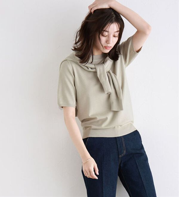 Pierrot（ピエロ）の「【洗濯機で洗える】【ＵＶカット】シルクタッチ半袖ニット（ニット・セーター）」｜詳細画像