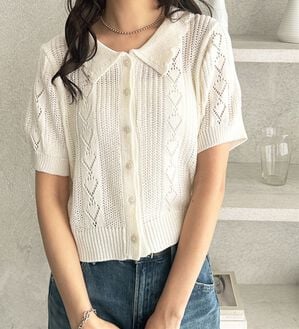 GeeRA（ジーラ）の「透かし編みポロ衿ニット（ニット・セーター）」｜オフホワイト