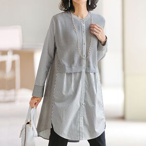 BELLUNA（ベルーナ）の「ニット使いストライプ切替重ね着風シャツ（チュニック）」｜詳細画像
