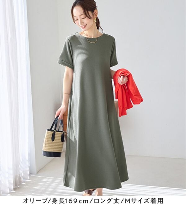 「ひんやり＆シワになりにくい　丈が選べる！エンボス素材Ａラインワンピース（カットソーワンピース）」｜詳細画像