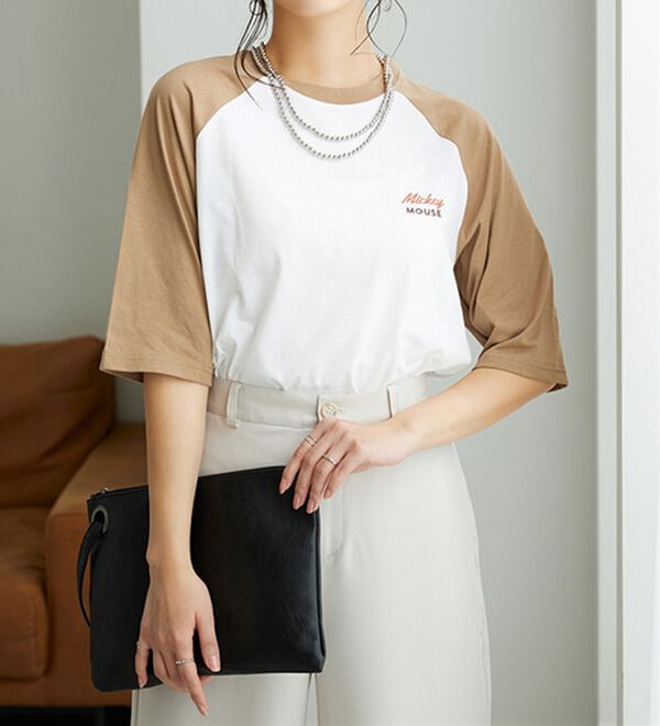 Disney＞【ミッキー】バックプリント7分丈ラグランTシャツ