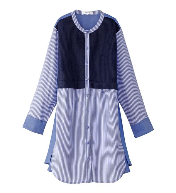 BELLUNA（ベルーナ）の「ストライプ&times;異素材切替シャツチュニック（チュニック）」｜詳細画像