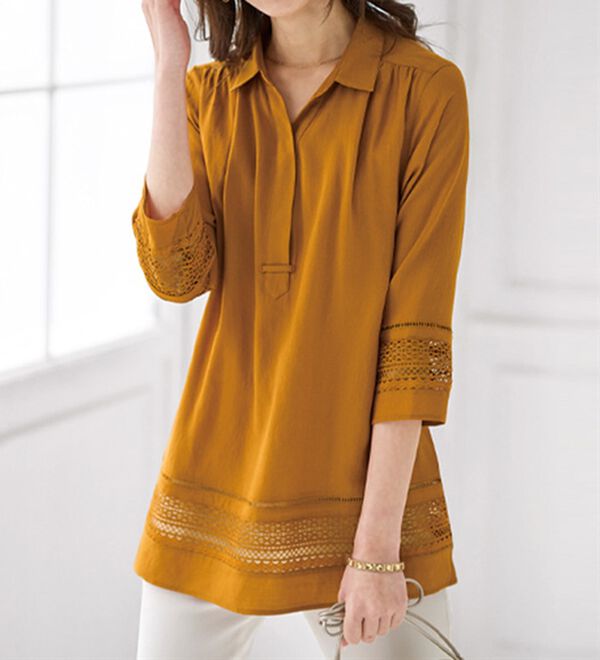 BELLUNA（ベルーナ）の「袖＆裾レース使いシャツチュニック（チュニック）」｜詳細画像