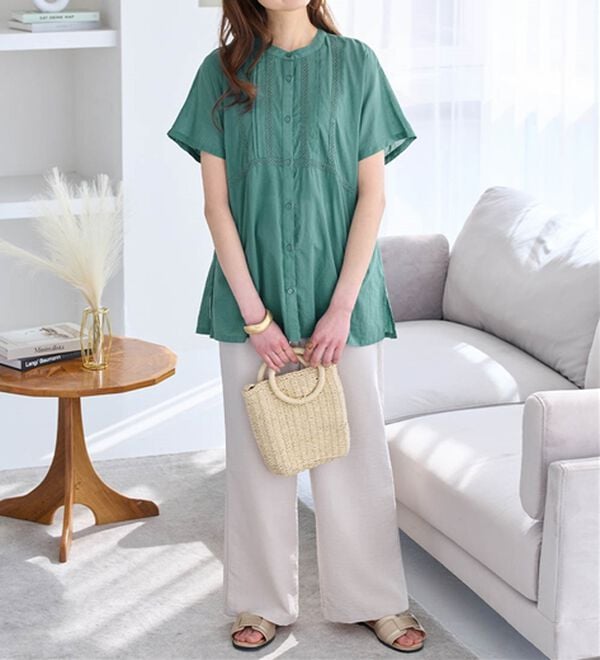 Viola e Viola（ヴィオラ エ ヴィオラ）の「【インド綿】レース付き前開きブラウス（ブラウス）」｜詳細画像