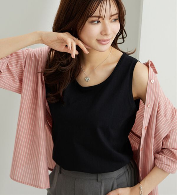 BELLUNA（ベルーナ）の「ヒンヤリ！綿１００％サマ見えタンクトップ（タンクトップ・キャミソール）」｜黒