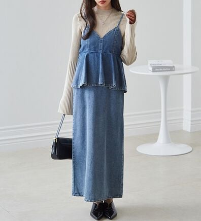 RANAN（ラナン）の「デニムペプラムキャミワンピース（ロングワンピース）」