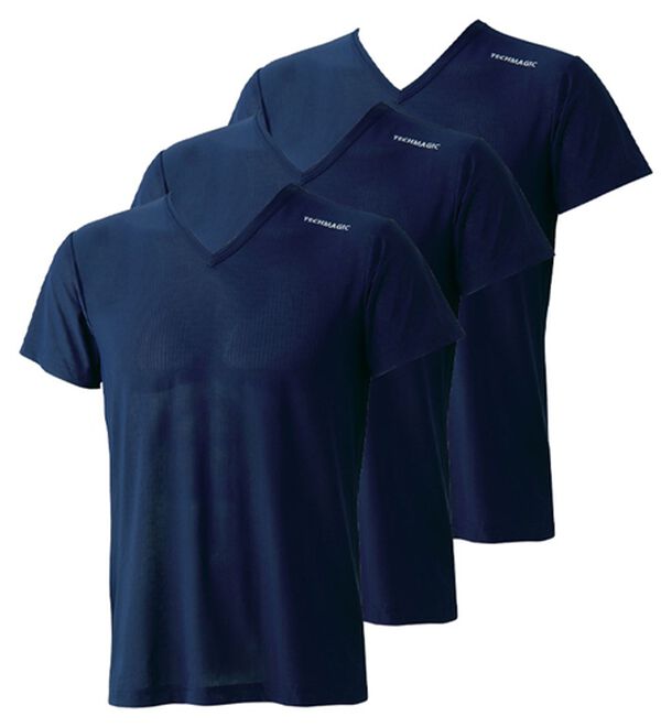 「【３枚組】テックマジック（Ｒ）魔法の冷感インナー（メンズ肌着・インナーウェア）」｜ネイビー 半袖V首