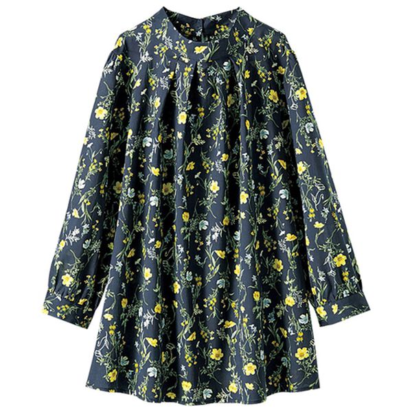 BELLUNA（ベルーナ）の「テンセル（ＴＭ）繊維・コットンプリントブラウス（ブラウス）」｜ボタニカル花柄(ネイビー)