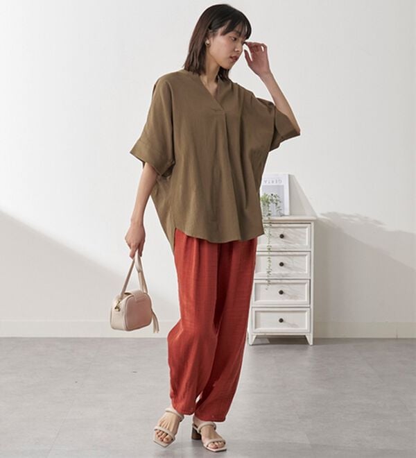 BELLUNA（ベルーナ）の「綿麻ダブルガーゼポッケギャザーパンツ（フルレングスパンツ）」｜詳細画像