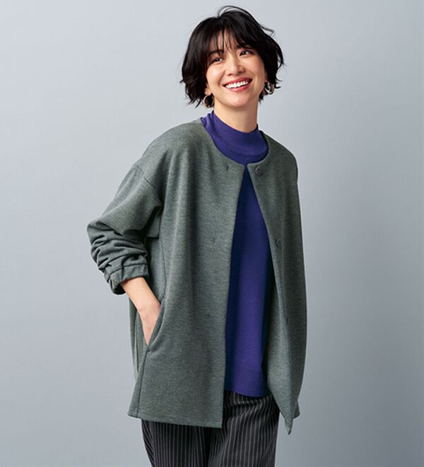 BELLUNA（ベルーナ）の「＜ａｉｒｙ　ｊｅｒｓｅｙ＞配色コクーンジャケット（ノーカラージャケット）」｜杢グレー系
