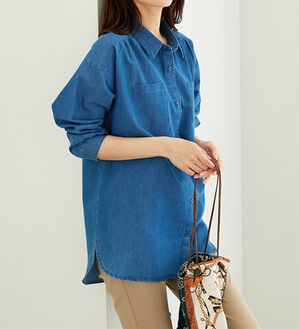 BELLUNA（ベルーナ）の「ポケット付デニムシャツチュニック（チュニック）」｜ブルー系