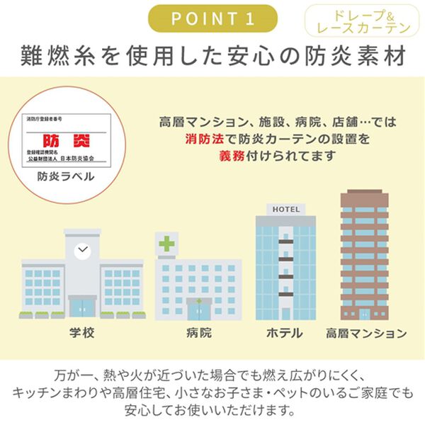 iellio（イエリオ）の「防炎＆１・２級遮光＆断熱保温＆ＵＶ見えにくいレース付カーテンセット＜４枚組・防炎・遮光１級・洗える・無地・レースカーテン＞（ドレープカーテン）」｜詳細画像