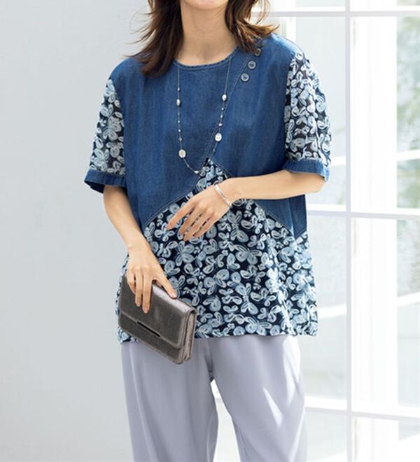 ルフラン（ルフラン）の「涼しげ柄デニム切替プルオーバー（ブラウス）」｜詳細画像