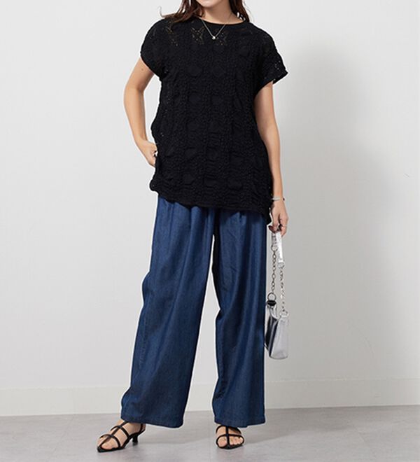 GeeRA（ジーラ）の「【接触冷感】穿いて感激！キレイ見えする楽ちんワイドデニムパンツ（ワイドパンツ・ガウチョ）」｜詳細画像