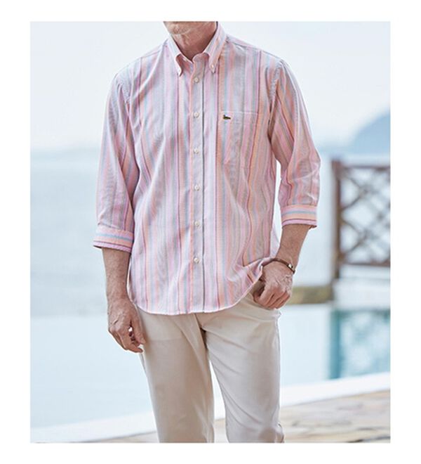 「【２色組】＜デコイ＞華やかマルチストライプ７分袖シャツ（メンズシャツ）」｜詳細画像