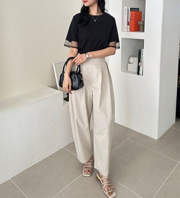 GeeRA（ジーラ）の「綿１００％袖シアー切替シルケットＴシャツ（Tシャツ）」｜詳細画像