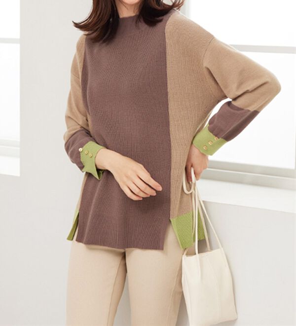BELLUNA（ベルーナ）の「配色デザイン編地切替ニットプルオーバー（ニット・セーター）」｜詳細画像
