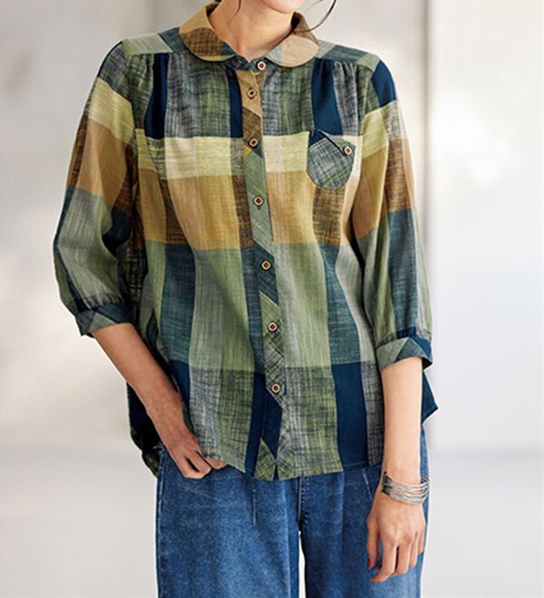 BELLUNA（ベルーナ）の「スラブ調先染めチェック　ポケットデザインブラウス（ブラウス）」｜ネイビー系