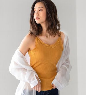 YU'NOW（ユナウ）の「カップ付ランダムリブバックオープンキャミ（ブラトップ・カップ付きインナー）」｜イエロー