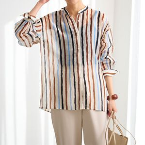 RANAN（ラナン）の「配色ストライプシャツ（シャツ）」｜サックス系