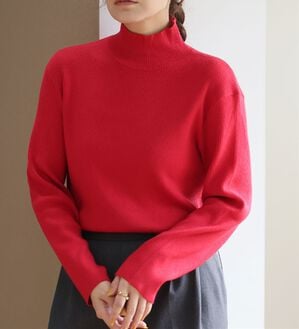 A HAPPY MARILYN（アハッピーマリリン）の「【Ｌ～６Ｌ】モックネック／ハイネックから選べる Ｔシャツ感覚で着られる（もっちりｖｅｒ）リブニット（ニット・セーター）」｜レッド