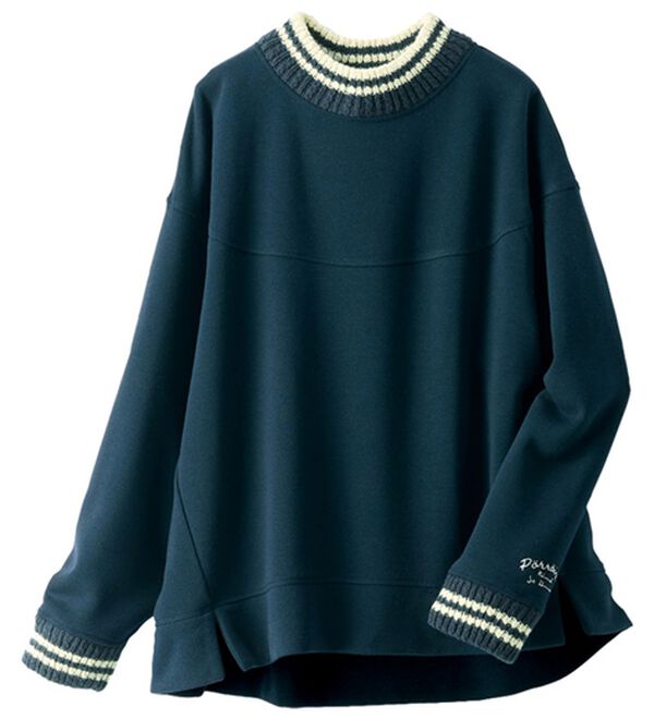 BELLUNA（ベルーナ）の「裏起毛ニット切替袖刺しゅうプルオーバー（カットソー）」｜ネイビー