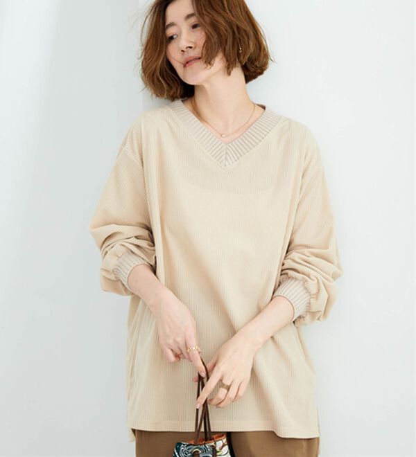 BELLUNA（ベルーナ）の「ニットリブＶネックコーデュロイプルオーバー（カットソー）」｜詳細画像