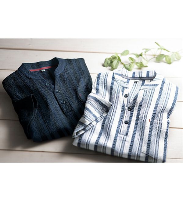 「【２着組】楊柳素材のヘンリーネックシャツ（メンズＴシャツ）」｜2着組