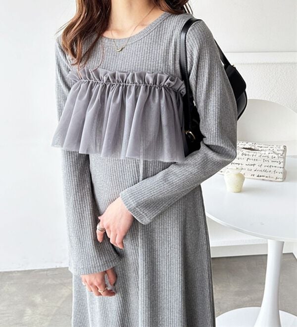 GeeRA（ジーラ）の「マルチフリルビスチェ＆リブワンピースセット（カットソーワンピース）」｜杢グレー