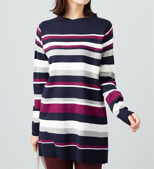 BELLUNA（ベルーナ）の「カシミヤタッチニットチュニック（チュニック）」｜ネイビー&times;ラズベリー