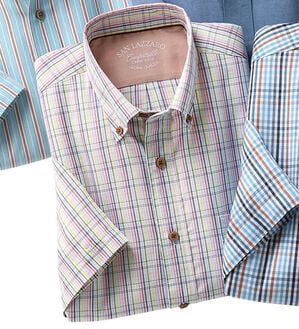 「大人のサマーオックス半袖シャツ（メンズシャツ）」｜オレンジチェック