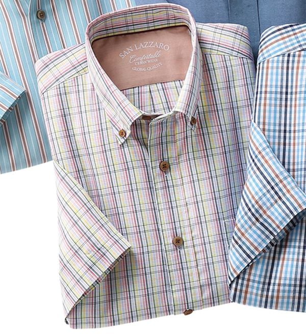 「大人のサマーオックス半袖シャツ（メンズシャツ）」｜オレンジチェック