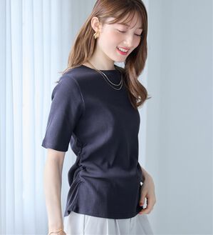 alotta（アロッタ）の「すっきり美くびれ！ウエストギャザーリブトップス（カットソー）」｜ネイビー