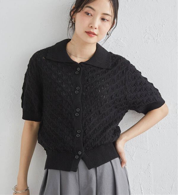 RANAN（ラナン）の「透かし柄サマーニットポロカーデ（ニット・セーター）」｜ブラック