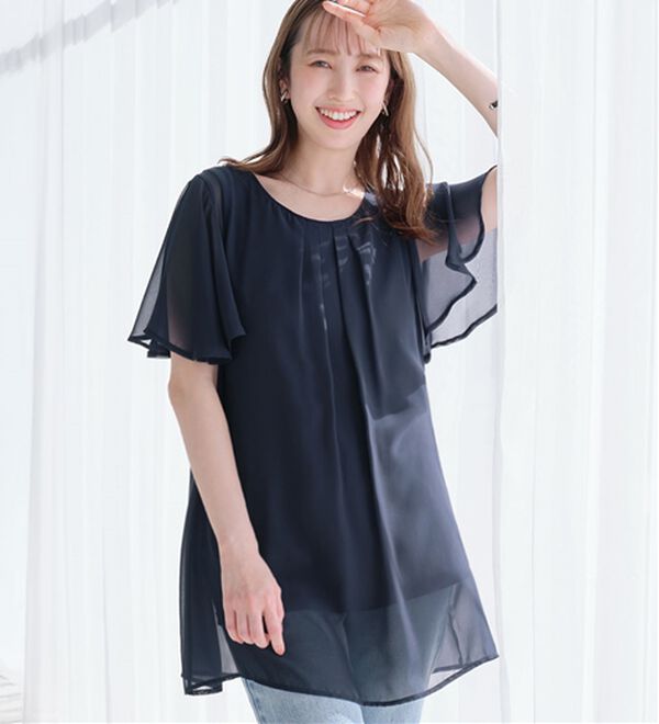 alotta（アロッタ）の「【接触冷感】インナー付シフォンタックチュニック（チュニック）」｜ネイビー