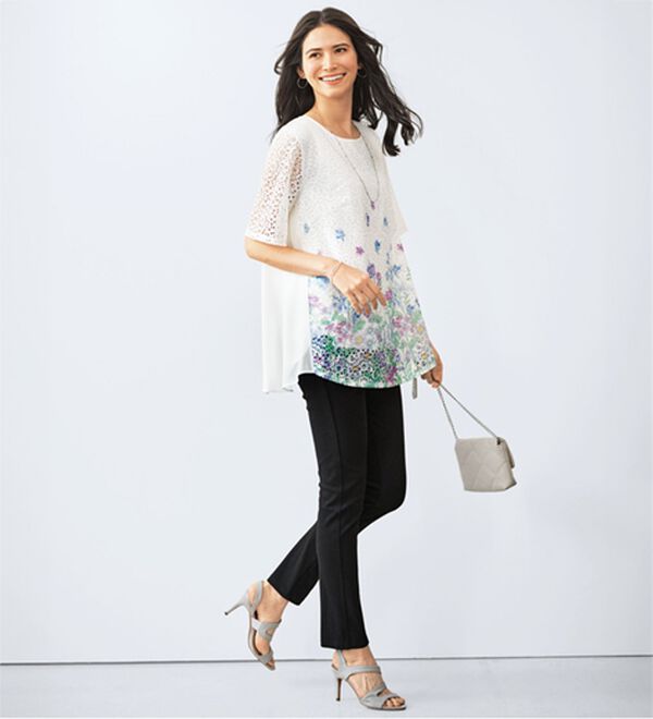 BELLUNA（ベルーナ）の「シフォン重ね花柄プリントレースチュニック（チュニック）」｜詳細画像