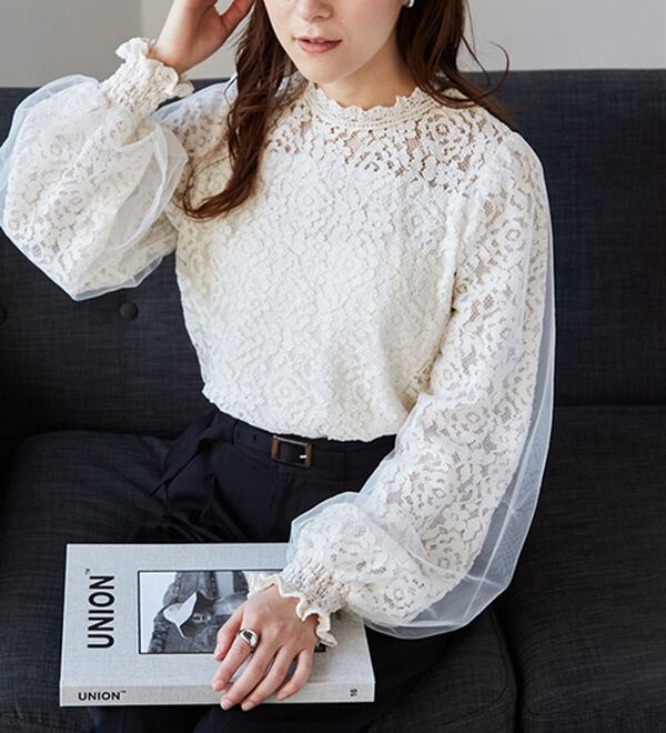 チュールドッキングフラワーレースキャンディースリーブブラウス