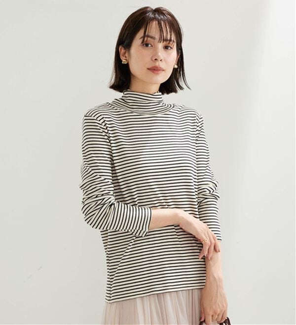 BELLUNA（ベルーナ）の「なめらか素材ハイネックボーダープルオーバー（カットソー）」｜詳細画像