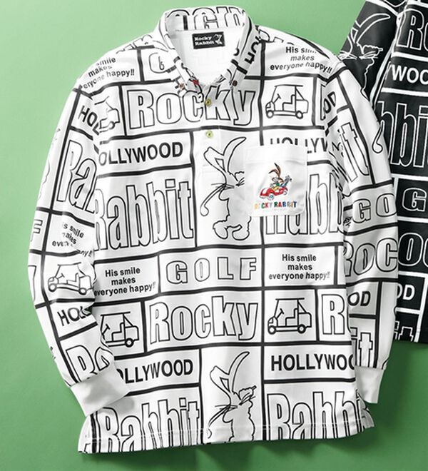「＜ロッキーラビット＞総柄プリントデザインポロシャツ（メンズポロシャツ）」｜ホワイト