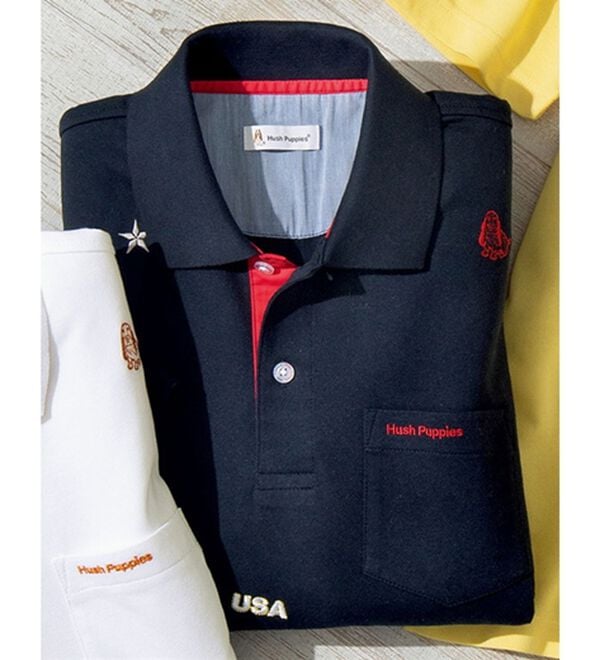 「＜ハッシュパピー＞マリンモチーフ飛び柄刺しゅうポロシャツ（メンズポロシャツ）」｜ネイビー