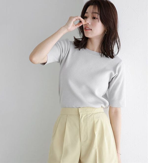 Pierrot（ピエロ）の「【洗濯機で洗える】多機能ニット５分袖トップス（ニット・セーター）」｜詳細画像