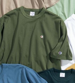 「＜チャンピオン＞綿１００％リラックスフィット５分袖Ｔシャツ（メンズＴシャツ）」｜ダークグリーン