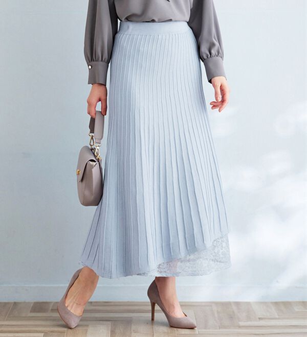 BELLUNA（ベルーナ）の「刺しゅうレース使いニットプリーツスカート（ロングスカート）」｜詳細画像