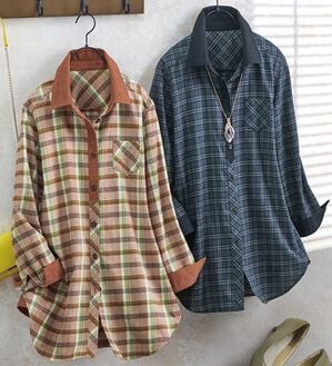 ルフラン（ルフラン）の「【２色組】羽織りに重宝＊ネルシャツチュニック（シャツ）」｜2色組