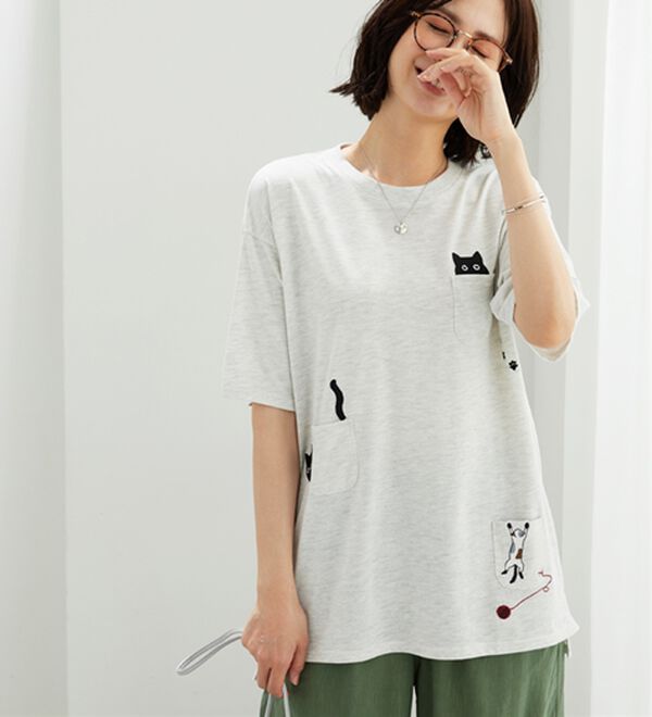 BELLUNA（ベルーナ）の「ネコ刺しゅうビッグプルオーバー（カットソー）」｜詳細画像
